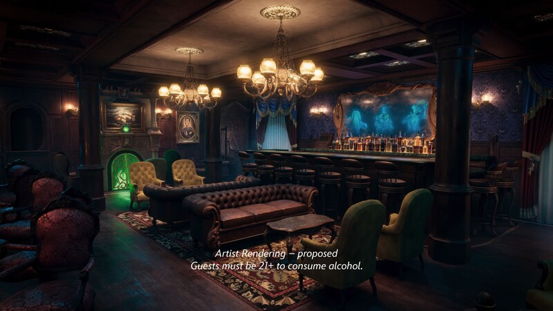 An artist rendering of the Haunted Mansion Parlor bar on the Disney Destiny cruise ship