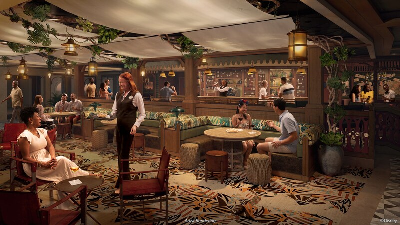 A pub outfitted with motifs from the Disney Parks Jungle Cruise attraction, including safari chairs, hanging lanterns, canopies and foliage