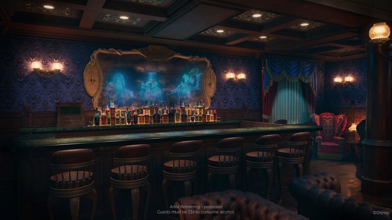 Rendering of Haunted Mansion Parlor with a bar, Haunted Mansion iconic wallpaper and a mirror featuring Ezra, Gus and Phineas