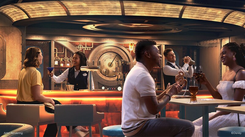 An artist rendering of 2 Cast Members serving cocktails to 3 Guests at a lounge