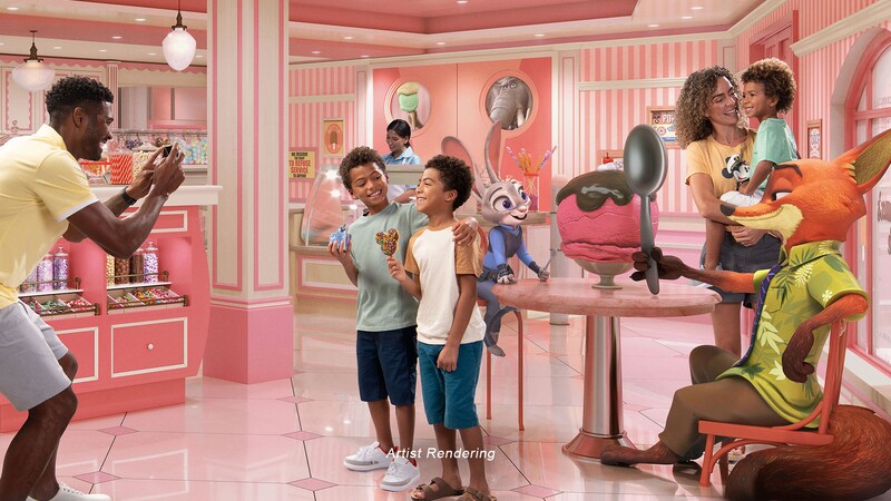 A father taking a picture of his wife and 3 children inside an ice cream shop featuring 3 dimensional Zootopia characters