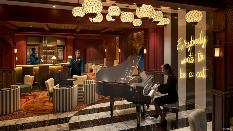 A piano bar on the Disney Treasure with 2 Cast Members serving drinks, a pianist and cabaret style seating