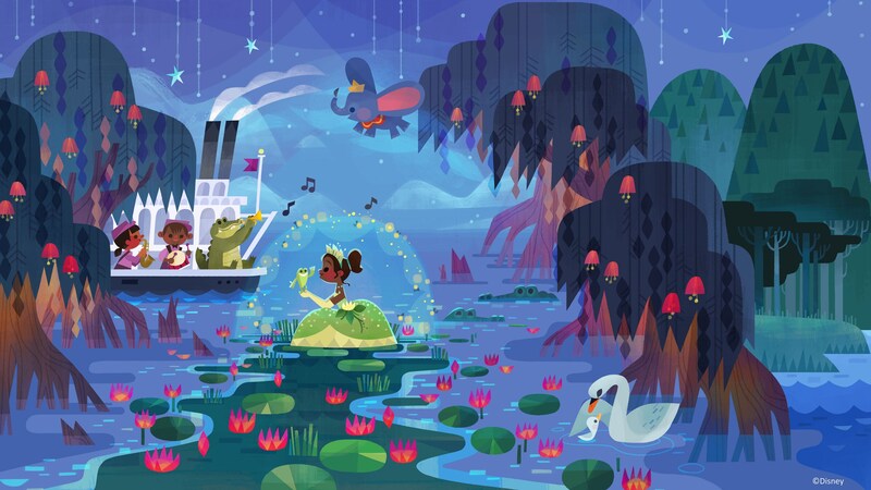 A mural featuring Princess Tiana and other characters from the Disney movie The Princess and the Frog in a bayou with Dumbo the elephant flying overhead
