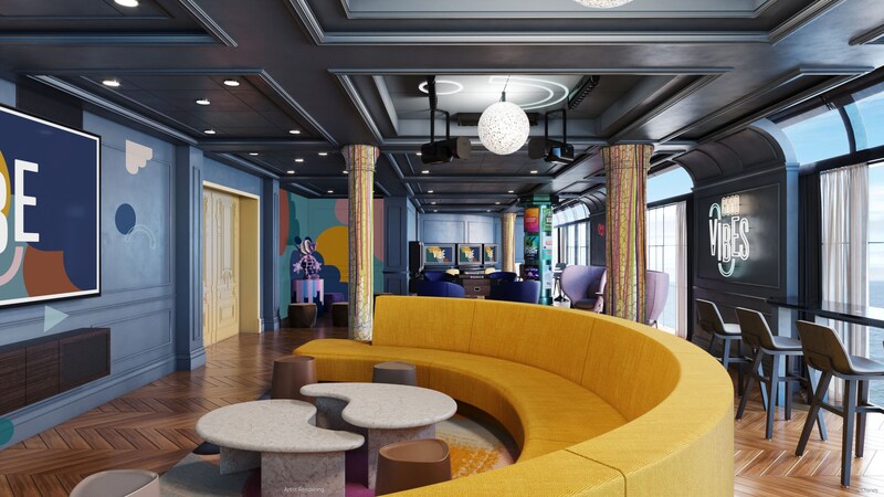 Inside Vibe on the Disney Wish, a teens-only lounge featuring a disco ball and vibrant décor and furniture.