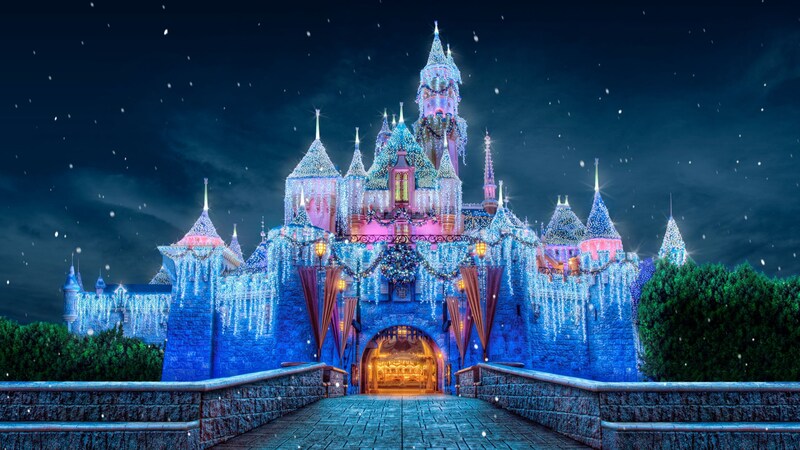 Sleeping Beauty Castle illuminated with holiday lights