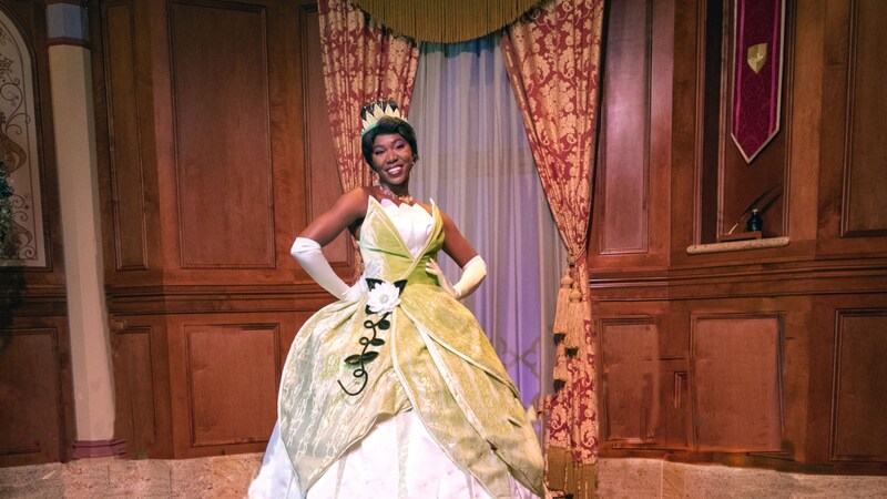 Princess Tiana poses in front of a window
