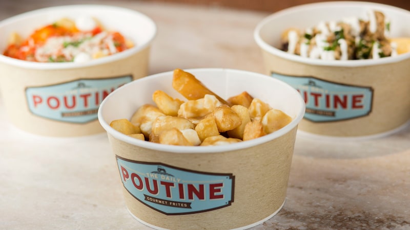 Three cups of gourmet frites from the Daily Poutine