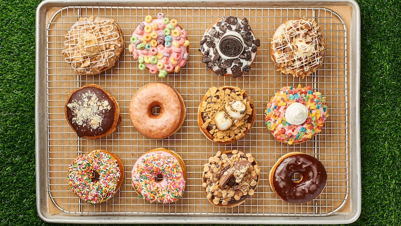 One dozen delectable donuts on a tray