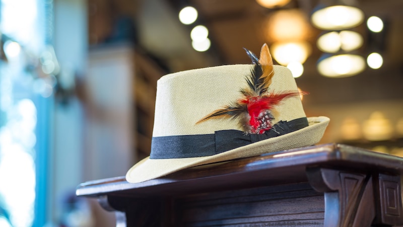 A stylish canvas fedora featuring a feather embellishment and a grosgrain band at Chapel Hats