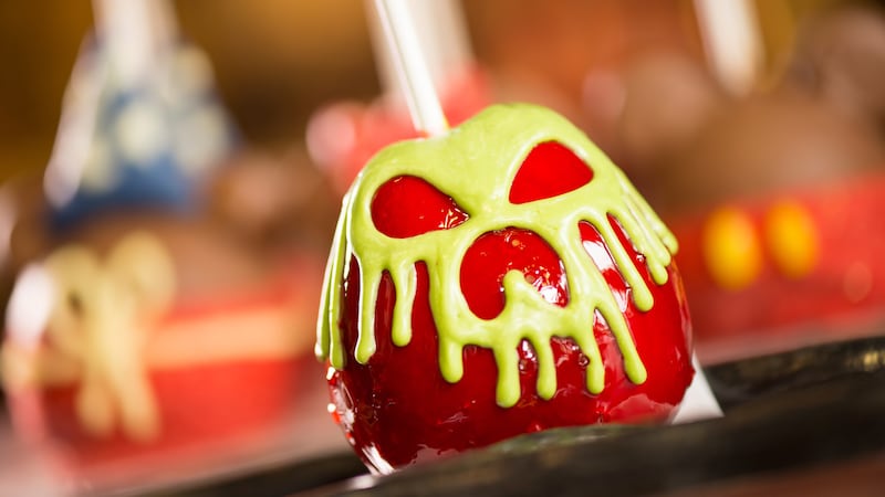 A ghoulish looking candy apple on a display counter at the Candy Cauldron shop