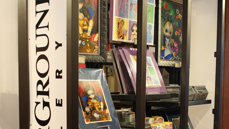 A large bookcase holds framed character art and other products at the Wonderground Gallery