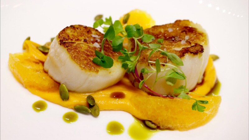 Seared scallops plated on top of butternut squash puree