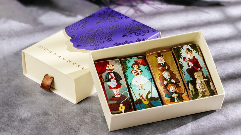 A box with 4 Haunted Mansion themed chocolate bars from The Ganachery