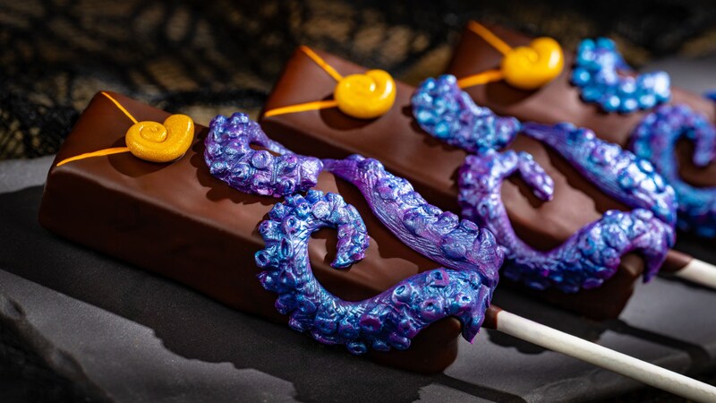 A chocolate covered Ursula Dark Berry Ganache Pop 