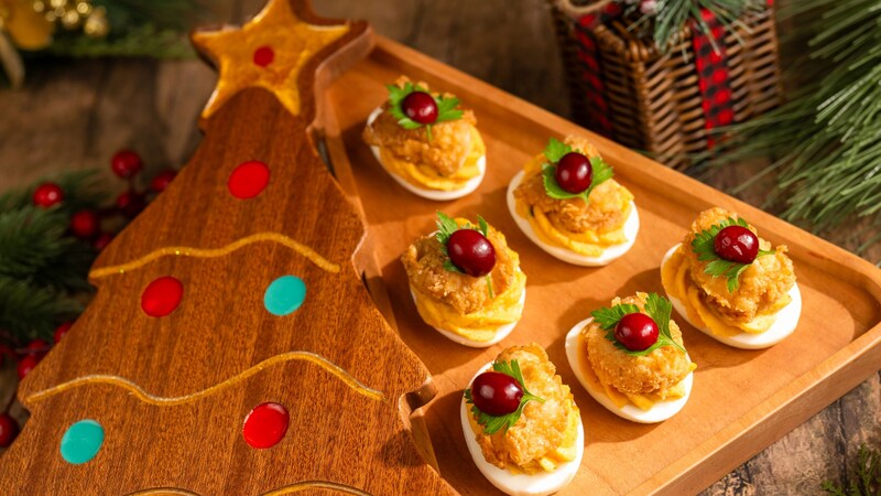 A serving of the seasonal dish ‘Boughs of Holly Deviled Eggs’ from Jock Lindsey’s Hangar Bar	