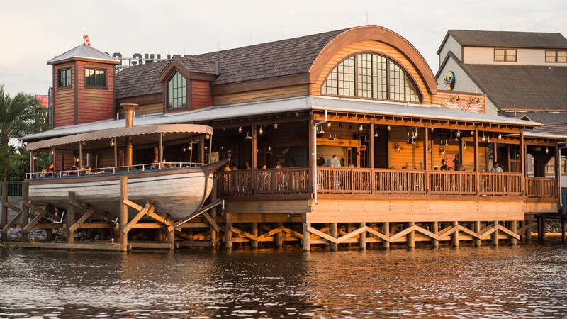 The lakeside exterior of Jock Lindsey’s Hangar bar at Disney Springs