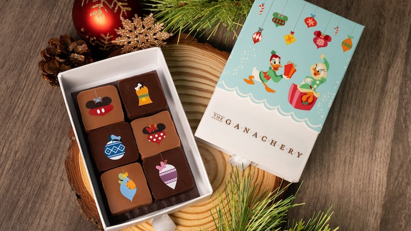 A box with 6 holiday themed chocolates from The Ganachery in Disney Springs
