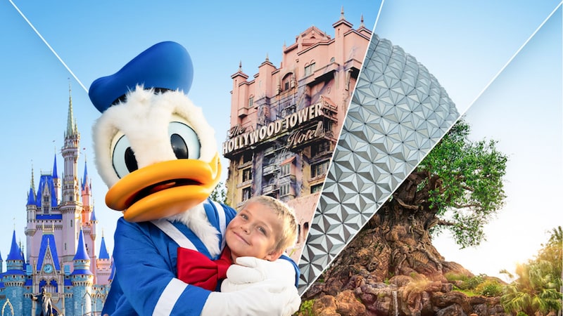 Donald Duck poses with a happy child amid a Walt Disney World collage that includes Cinderella Castle, The Twilight Zone Tower of Terror and Tree of Life