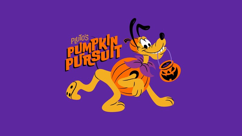Pluto en un disfraz de calabaza de Halloween con texto que dice “Pluto's Pumpkin Pursuit”