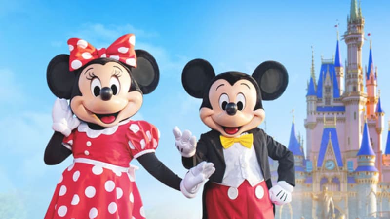 Mickey Mouse and Minnie Mouse in front of Cinderella Castle