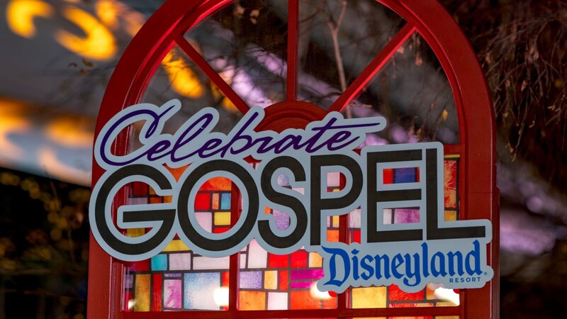 A logotype treatment reading Celebrate Gospel, Disneyland Resort, with a church stained glass window in the background