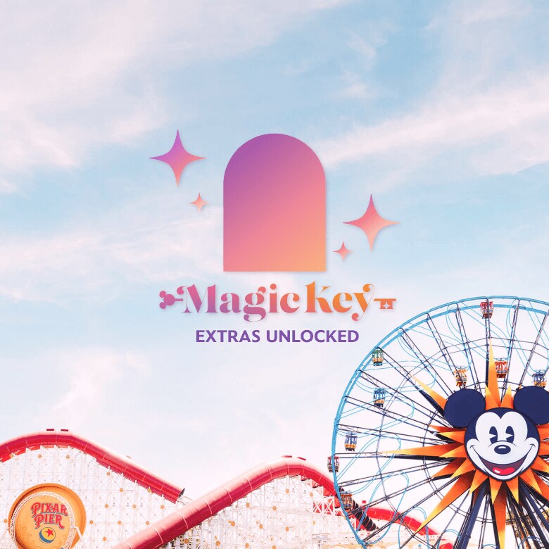 The Incredicoaster next to Pixar Pal A Round Swinging at Pixar Pier and text that reads ′Magic Key Extras Unlocked′