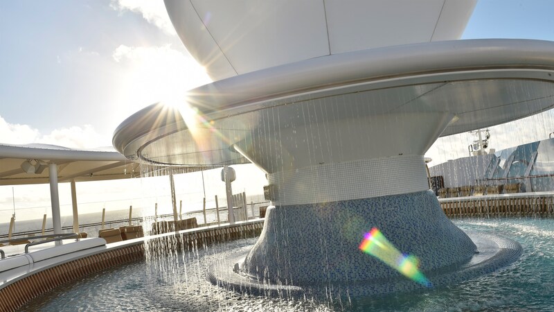 A fountain in the Satellite Falls adult area on a Disney cruise ship