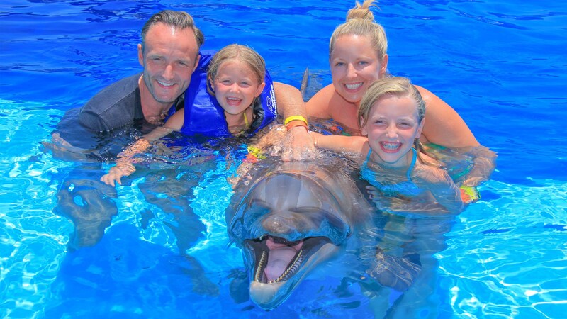 Uma jovem família de 4 pessoas posando na água com um golfinho