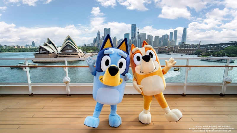 Bluey and Bingo aboard a Disney cruise ship near the Opera House in Sydney, Australia