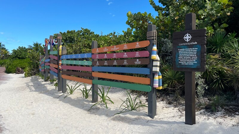 A colorful wooden sign near Marge’s Barges at Disney Castaway Cay in The Bahamas