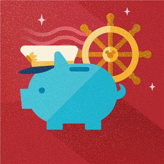 An illustration of a ship’s wheel and a piggybank wearing a captain’s cap, alongside the words “Pay at Your Own Pace”