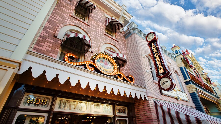 Ice cream sundaes sign at the Gibson Girl Ice Cream Parlor on Main Street, USA in Disneyland Park