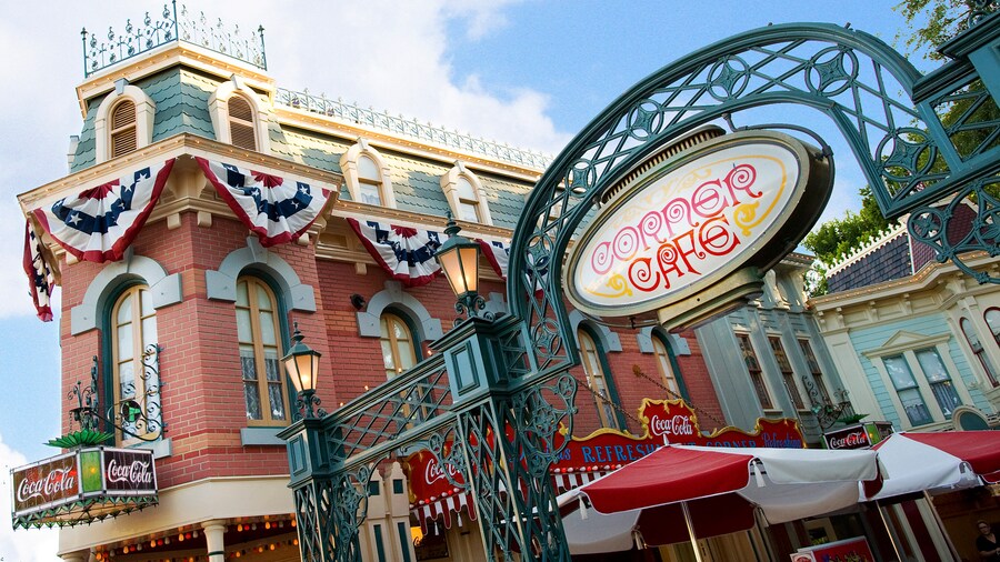 Sign for Corner Cafe and Coca Cola Refreshment Corner on Main Street, USA at Disneyland Park