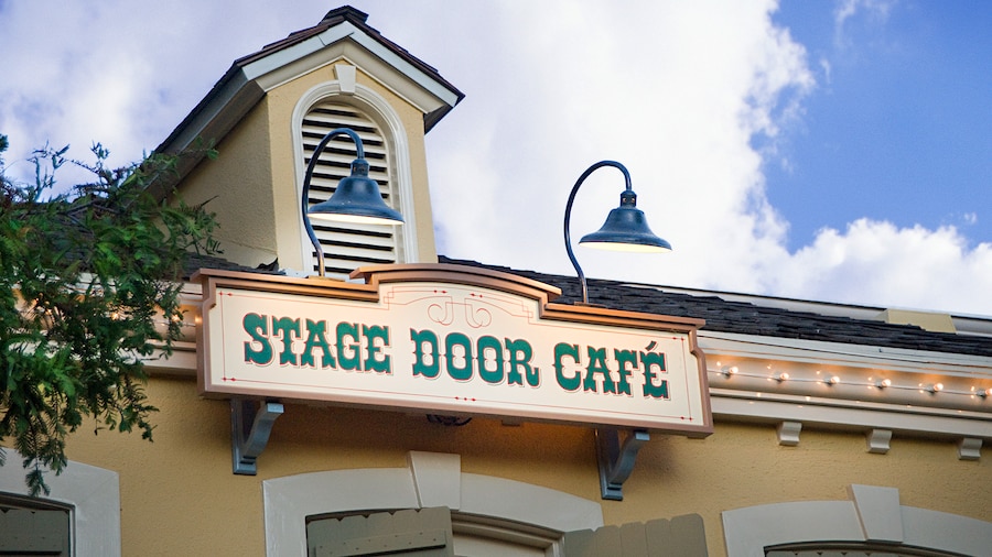 Western themed entrance sign for Stage Door Cafe at Disneyland Park