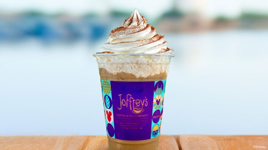 An iced latte with a whipped cream topping from Joffrey’s Coffee & Tea Company
