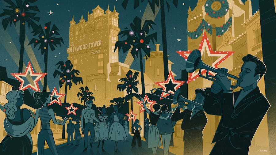 Graphic art depicting partygoers and musicians on Sunset Boulevard in Disney’s Hollywood Studios, and the logo for Disney Jollywood Nights