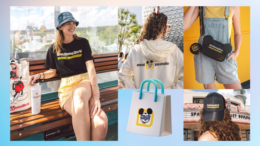 A collage of photos featuring a water bottle that says, ‘Walt Disney World Annual Passholder’, 2 girls taking a selfie and a tote bag featuring Mickey Mouse