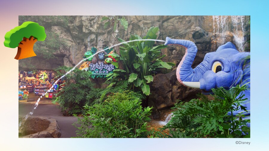 At the entrance to the Rainforest Cafe in Disney’s Animal Kingdom theme park at Walt Disney World Resort, Tuki the elephant spouts a jet of water