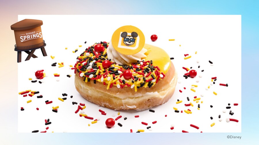 A specialty doughnut offered at Disney Springs in Walt Disney World Resort, featuring icing, sprinkles and an edible disc depicting Mickey Mouse in sunglasses.