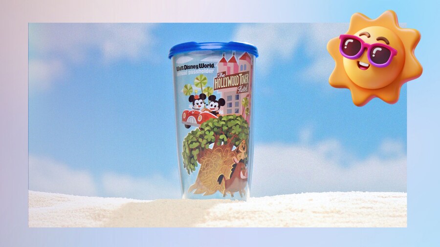 A tumbler featuring Disney characters and the words ‘Walt Disney World Annual Passholder’ next to a sun with sunglasses