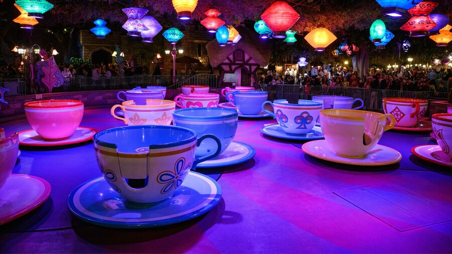 The Mad Tea Party ride in Disneyland Park illuminated at night for Disneyland After Dark 