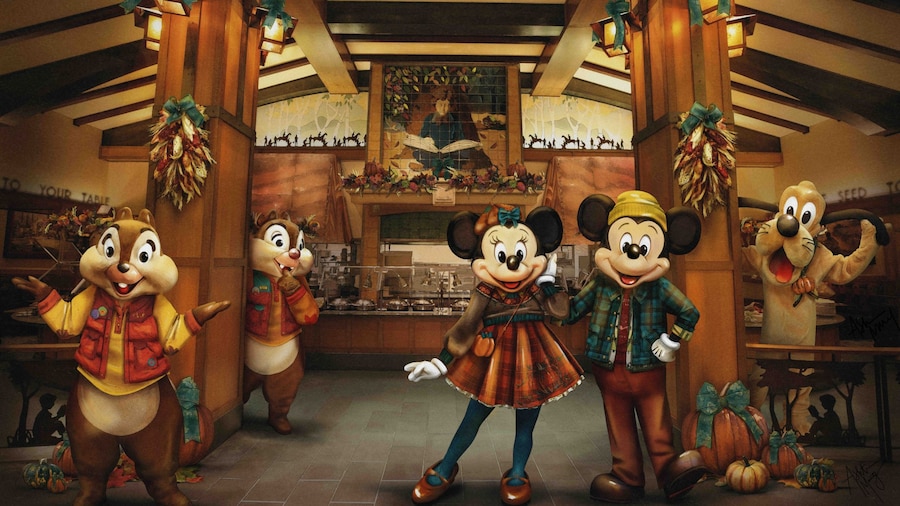 Artist conceptual rendering of Chip n Dale, Minnie Mouse, Mickey Mouse and Goofy wearing autumn outfits inside Storytellers Cafe