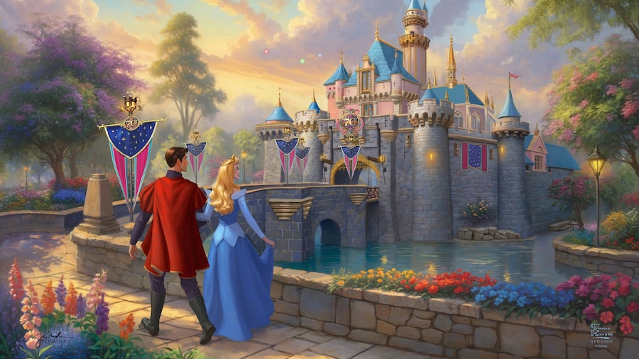 An illustration of Aurora and Prince Phillip walking towards Sleeping Beauty Castle