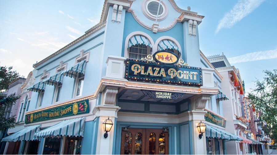 An outside view of the Plaza Point shop located on Main Street, USA at Disneyland Park.