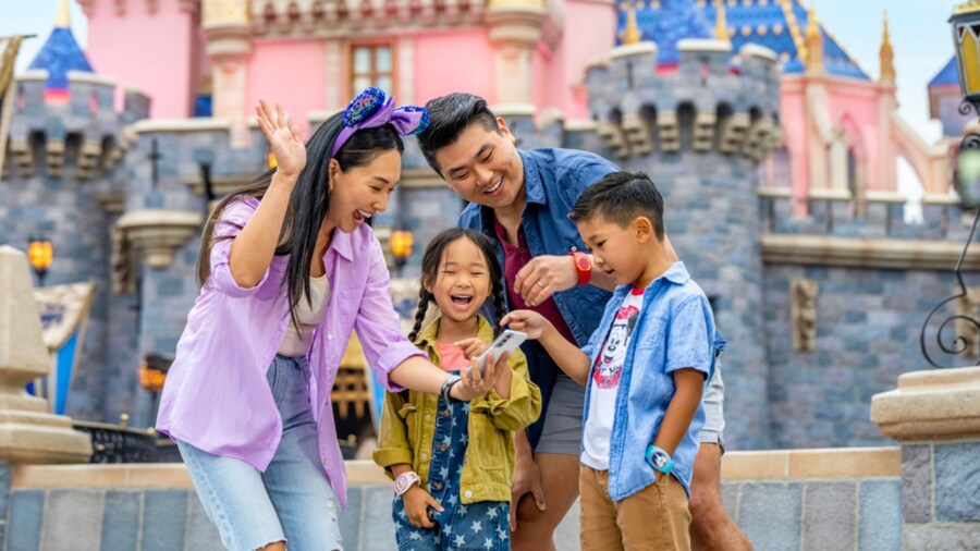 A family of 4 smiling for a selfie in front of Sleeping Beauty Castle