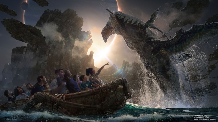 Una imagen conceptual de Visitantes en un barco de la atracción Avatar