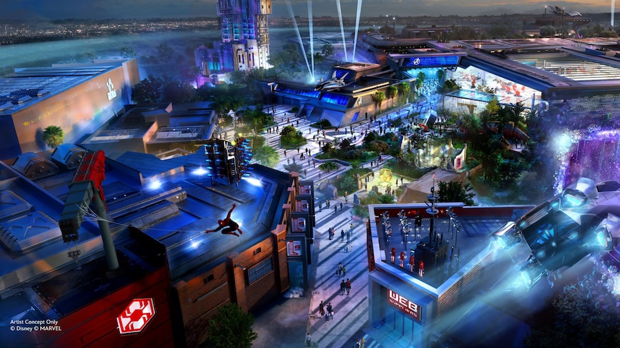 Una imagen conceptual de una vista aérea de Avengers Campus y las palabras “Avengers Campus”