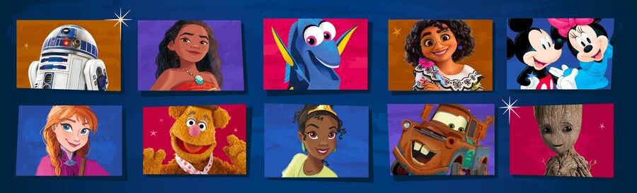 An illustration featuring images of characters including Moana, Dory, Mirabel, Mickey Mouse, Anna and Tiana