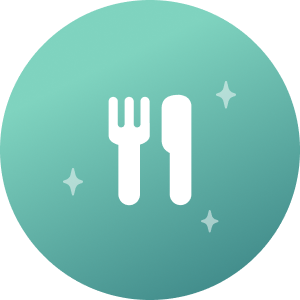 An icon featuring a fork and a knife representing dining