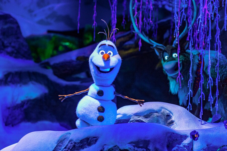 Olaf the snowman and Sven the reindeer in Frozen Ever After at Epcot